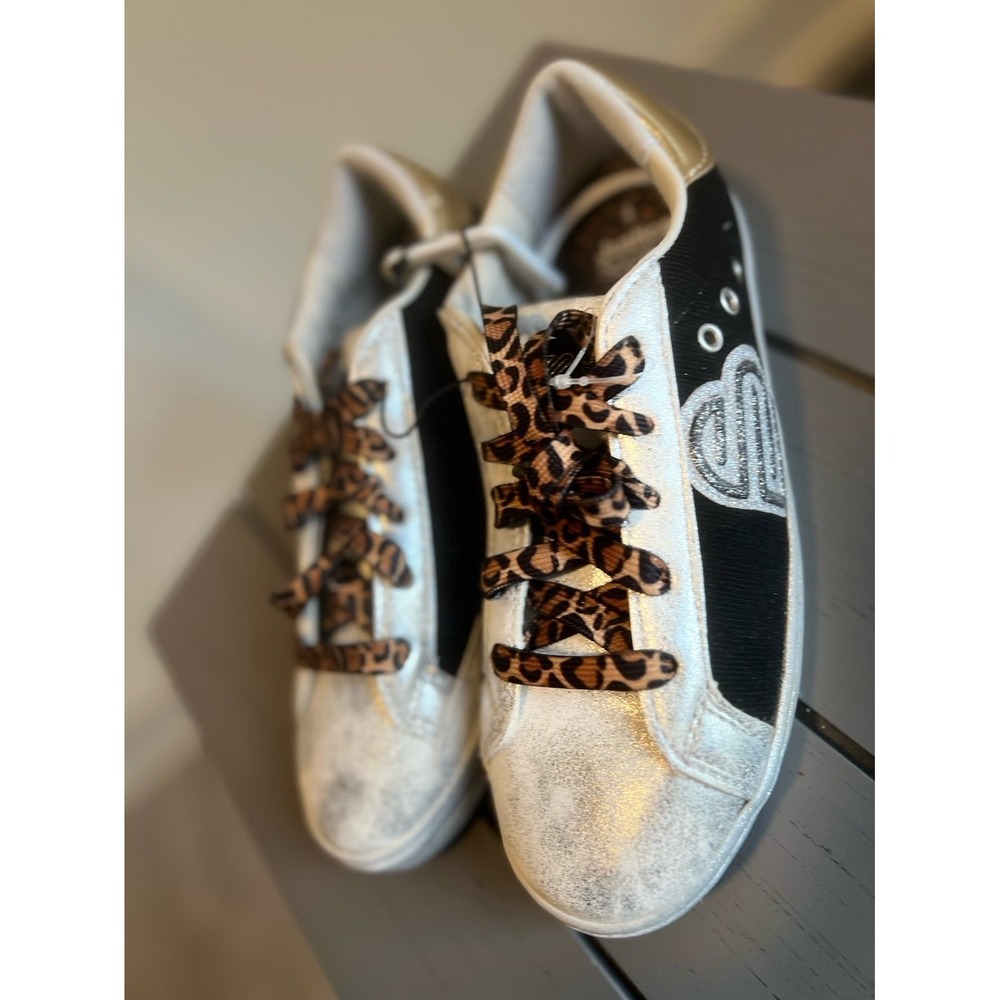NEW Justice glitter leopard black and silver and gold Court Sneaker, Size 4 girl